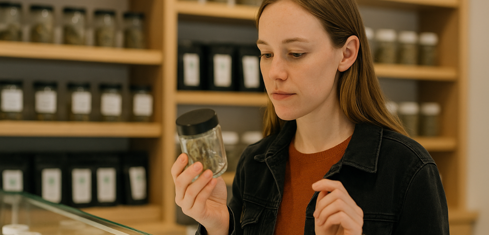 A woman examining a cannabis jar in a dispensary, representing common FAQs about mouldy weed and how to identify safe products