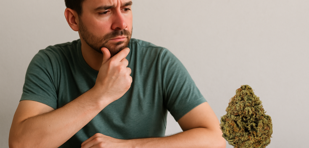 Man thoughtfully looking at a cannabis bud, considering if Strawberry Cough is worth trying