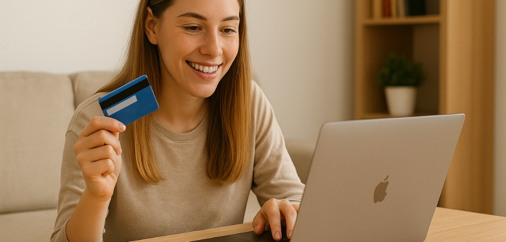 Smiling woman holding credit card while browsing cannabis products on a laptop, shopping online for weed