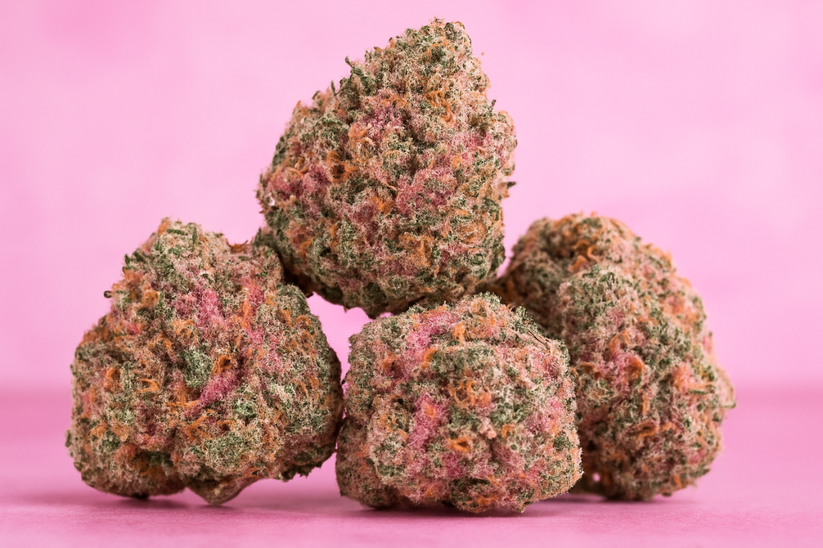 Close-up of vibrant, frosty cannabis buds with pink and orange hues on a pink background, showcasing popular Pink Kush strains in Canada