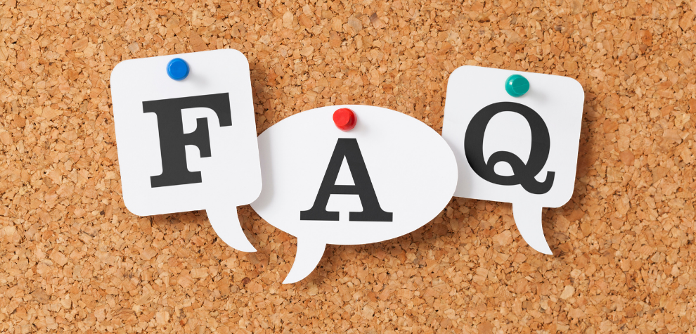 Speech bubbles pinned to a corkboard spelling out "FAQ," representing frequently asked questions about the Tropicana Cookies strain