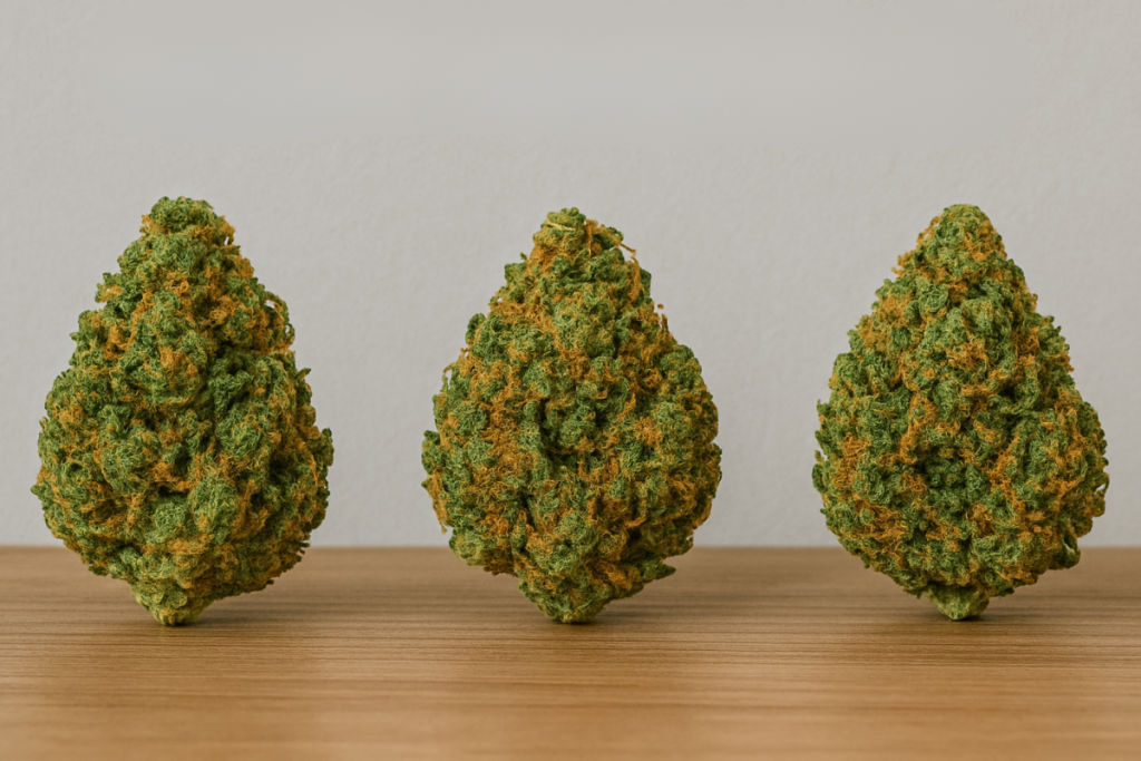 Three distinct types of ganja buds on a wooden surface, showcasing variety in effects from couch lock to clear focus