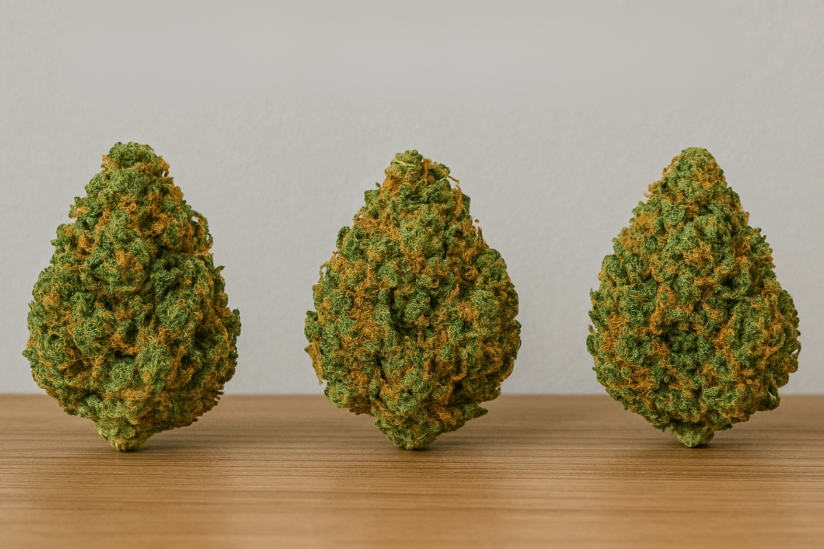Three distinct types of ganja buds on a wooden surface, showcasing variety in effects from couch lock to clear focus