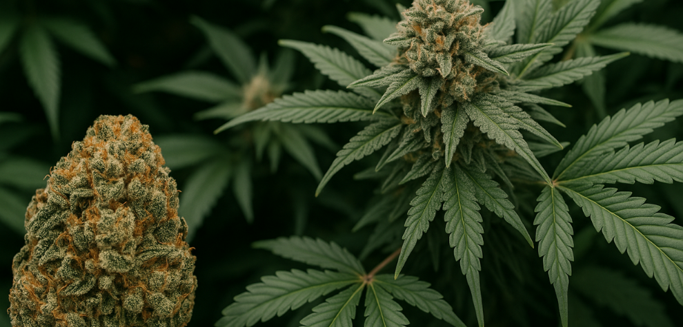 GMO Cookies cannabis plant growing among lush green leaves, with a close-up of a harvested bud in the foreground, illustrating its genetic lineage