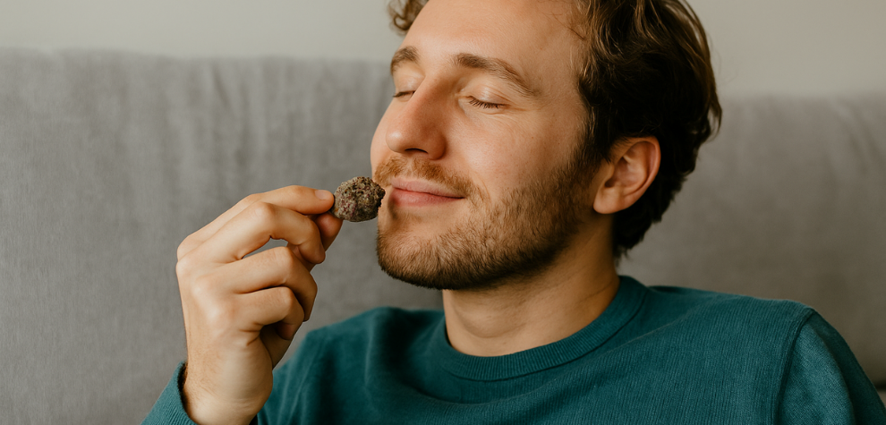 Smiling man with eyes closed, enjoying the aroma of a cannabis bud, illustrating the calming and euphoric effects of GMO Cookies strain