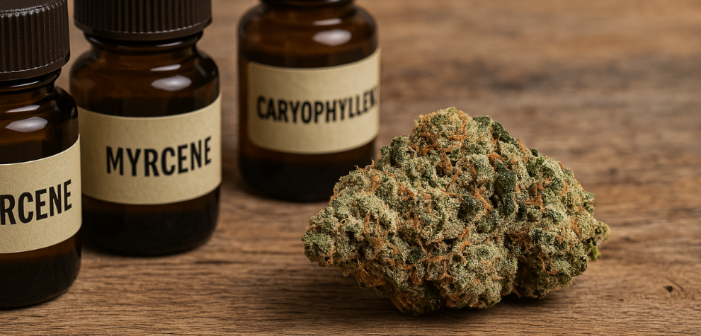 GMO Cookies cannabis bud beside labeled bottles of Myrcene and Caryophyllene, highlighting the strain’s dominant terpenes
