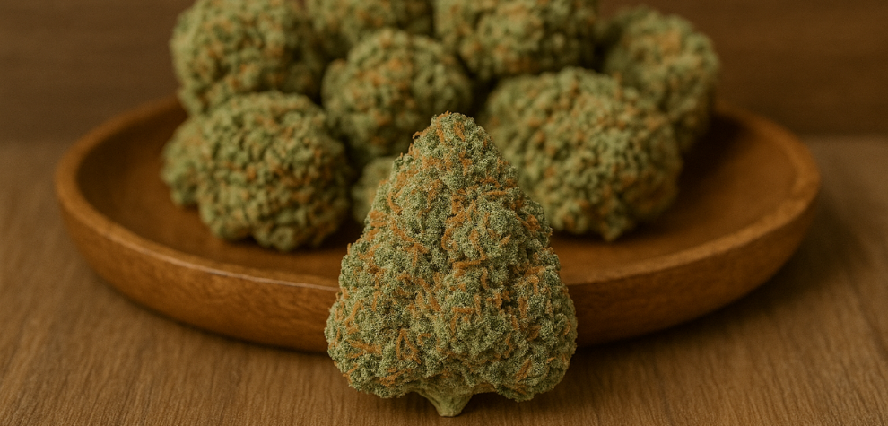 Close-up of a vibrant Tropicana Cookies cannabis bud in front of a wooden plate filled with similar buds, showcasing strain quality and texture