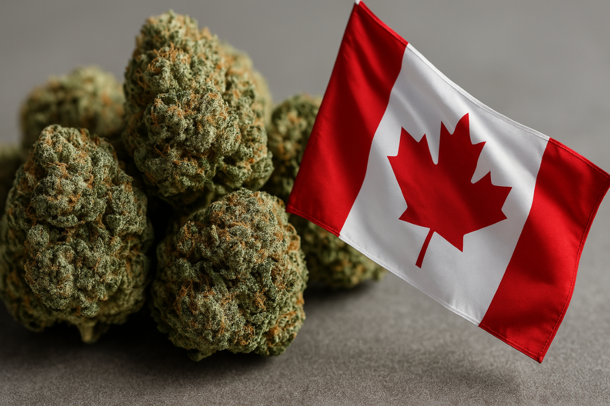 High THC weed in Canada — dense cannabis buds with a Canadian flag, representing top-reviewed potent strains available nationwide