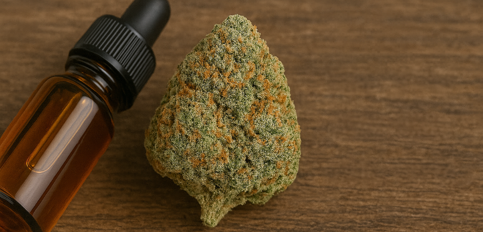 Hindu Kush weed bud next to a dropper bottle, highlighting its cannabinoid content and potency profile