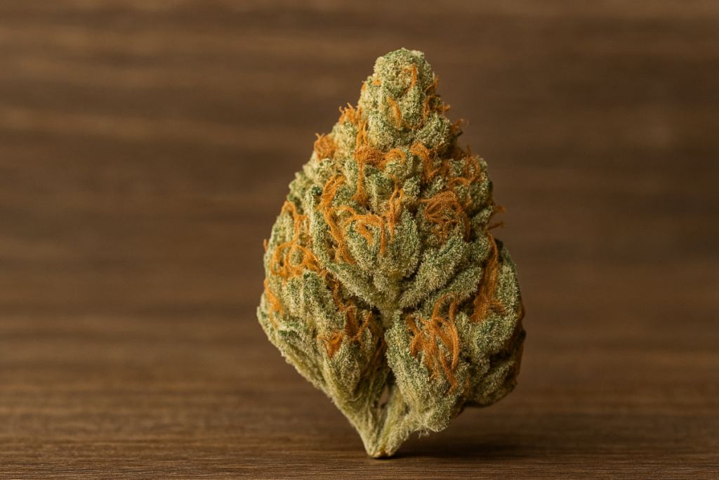 Close-up of Hindu Kush weed nug with orange hairs and frosty trichomes on wooden surface