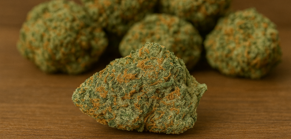 Tropicana Cookies strain with vibrant orange hairs and frosty trichomes, resting on a wooden surface with more buds in the background