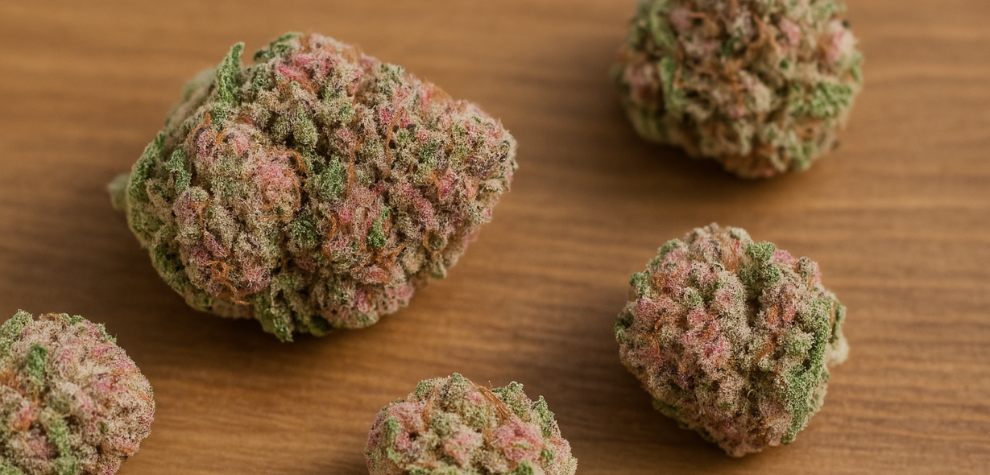 Astro Pink cannabis buds with a pinkish hue, arranged next to other strains on a wooden surface for visual comparison