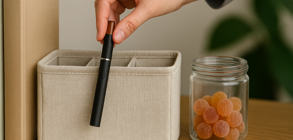 A person placing a CBD vape pen upright in a fabric organizer next to a jar of gummies, showing proper vape pen storage at home