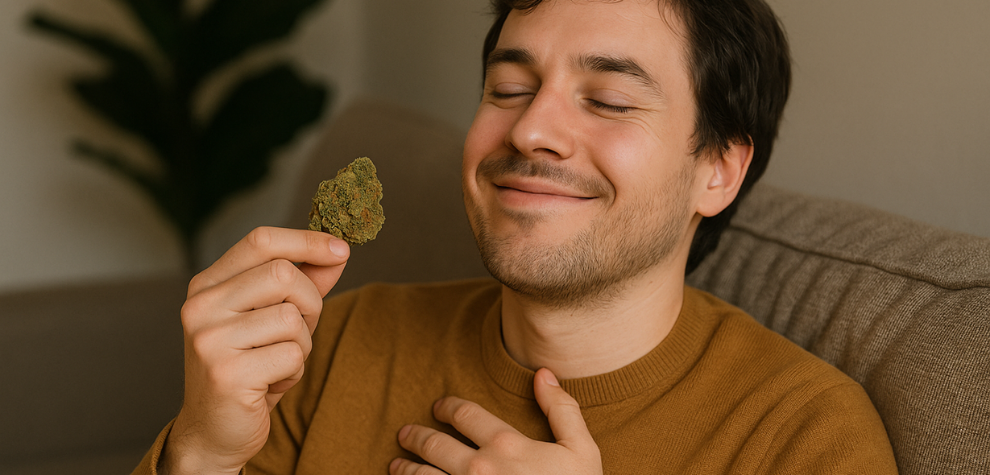 Relaxed man smiling with eyes closed while holding a premium cannabis bud, expressing contentment from premium weed effects