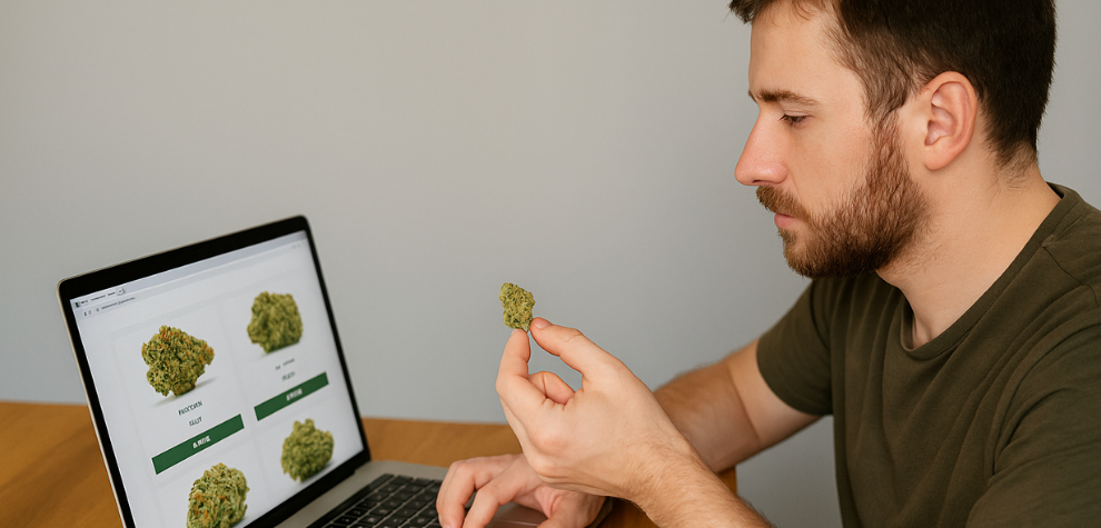 Man holding a cannabis bud while browsing strains on a laptop, showing how to safely buy Sativa weed online in Canada