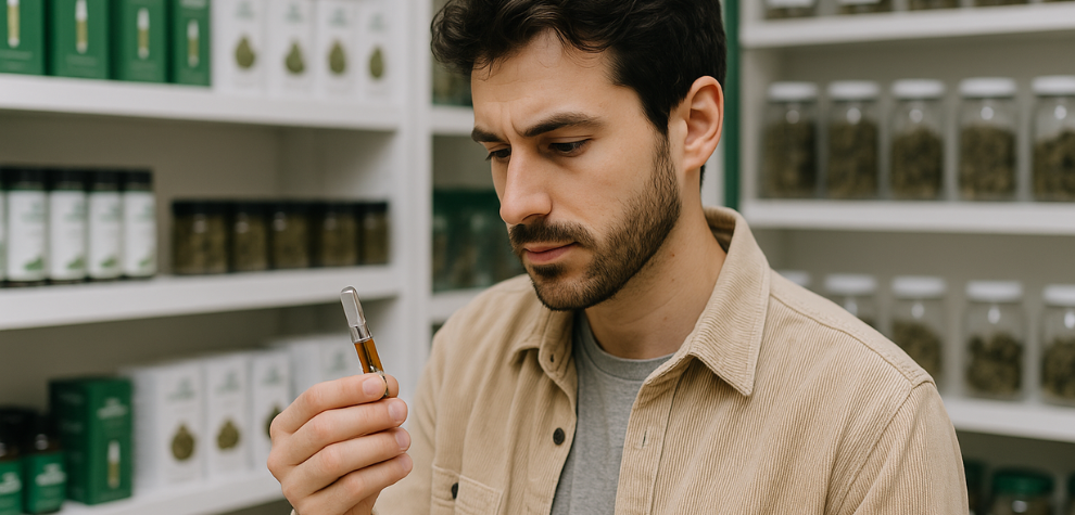 Man examining a live resin vape cart in a dispensary, considering quality and ingredients before purchase