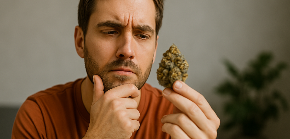 Man thoughtfully examining a ganja bud, symbolizing the decision-making process in choosing the right ganja strains for you