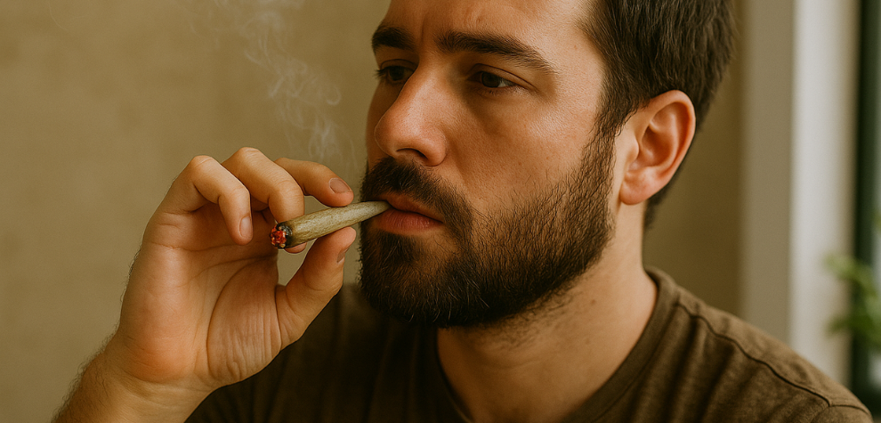 Man smoking a joint indoors, demonstrating a common method of consuming the Death Bubba strain for relaxation and stress relief