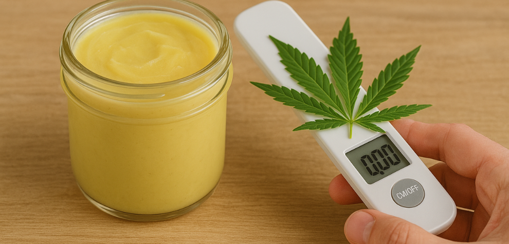 Jar of cannabis-infused butter beside a digital scale with a cannabis leaf on top, illustrating how to dose weed butter safely