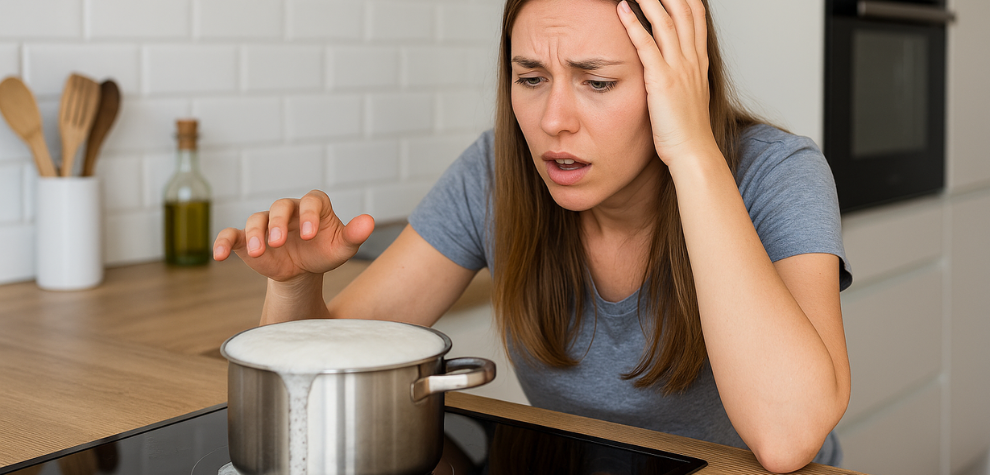 Woman reacting to overflowing pot on stove—shows common mistakes to avoid when making cannabis-infused butter at home