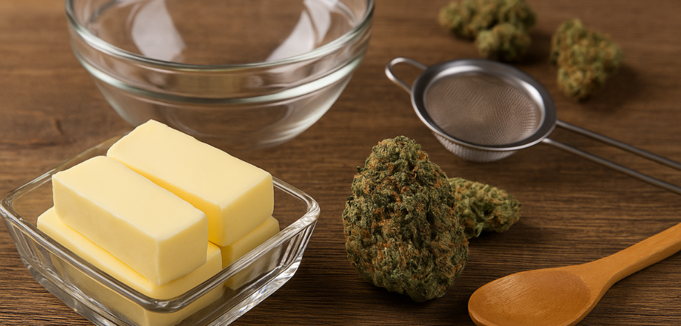 Cannabis buds, butter, strainer, bowl, and spoon on table—essential ingredients and tools for making cannabis-infused butter