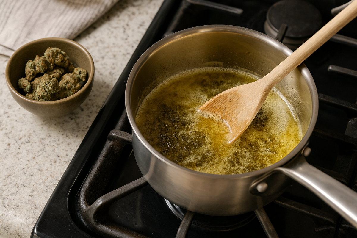 Making hash butter on stovetop: cannabis buds nearby and a pot of melted butter being stirred. How to make hash butter