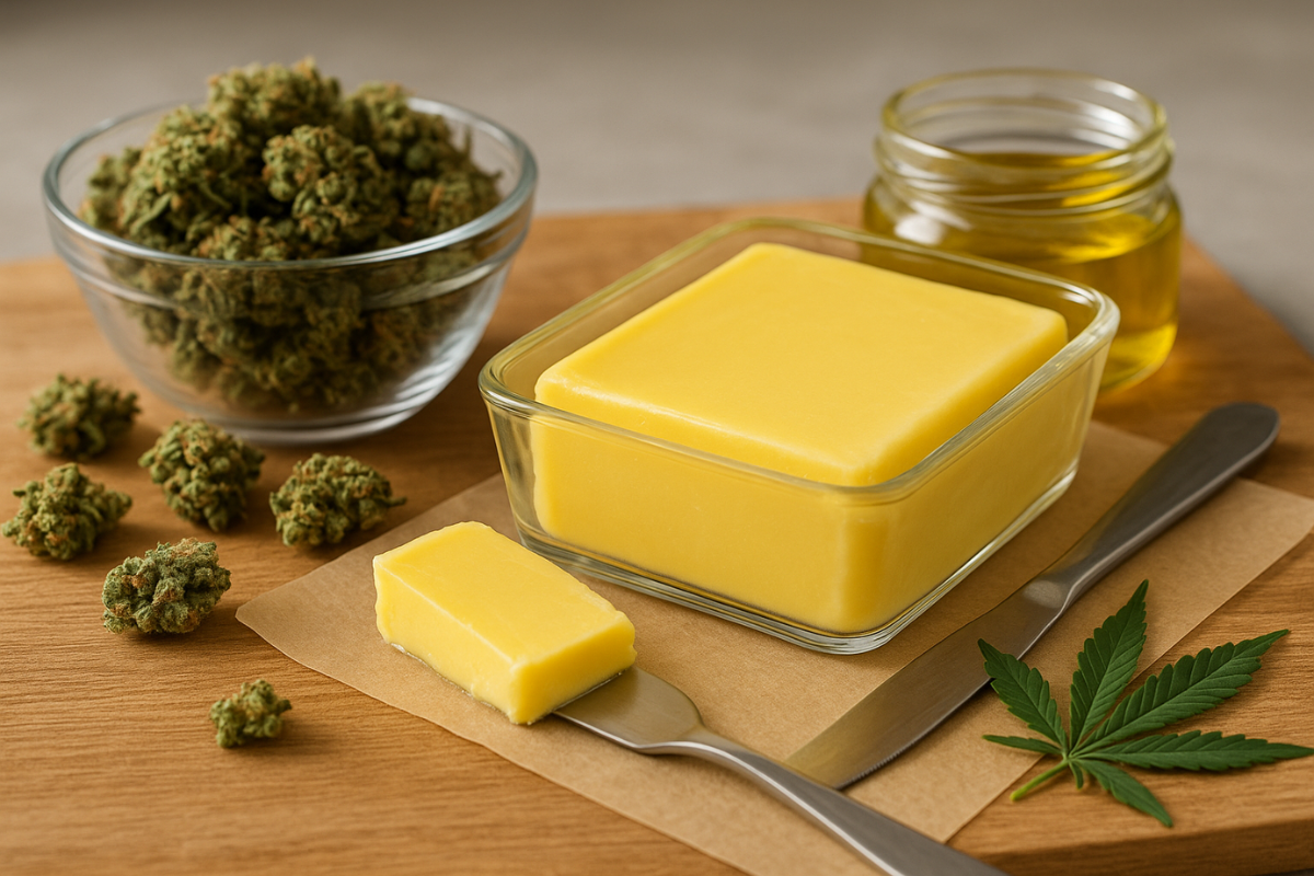 Glass dish of cannabis-infused butter beside cannabis buds, oil, and a leaf on a wooden board, showing how to make weed butter at home