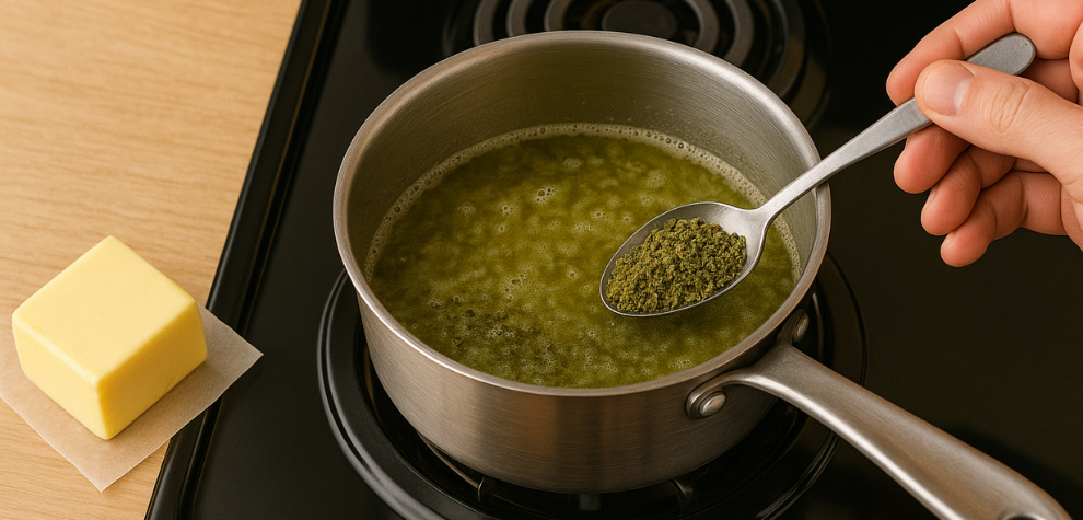 Hand holding spoonful of ground cannabis over a saucepan of melted butter on the stove, showing how to make weed butter using the stovetop method