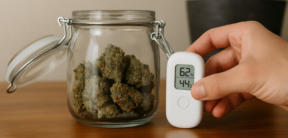Glass jar of cannabis with a hygrometer reading humidity levels, showing how to prevent moldy cannabis at home through proper storage
