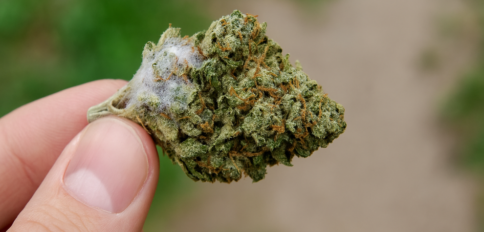 Close-up of a cannabis bud showing white fuzzy mold, helping distinguish mold from natural trichomes on weed