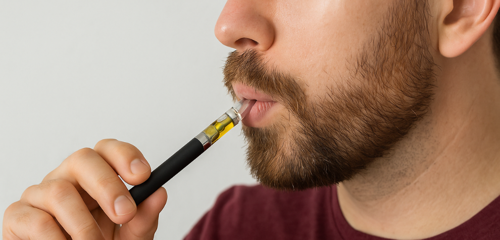 Man using a vape pen filled with live resin oil, demonstrating proper inhalation technique for vaping