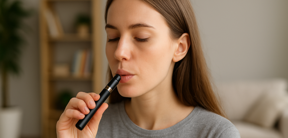 A woman calmly inhaling from a sleek CBD vape pen indoors, demonstrating how to properly use a CBD vape device