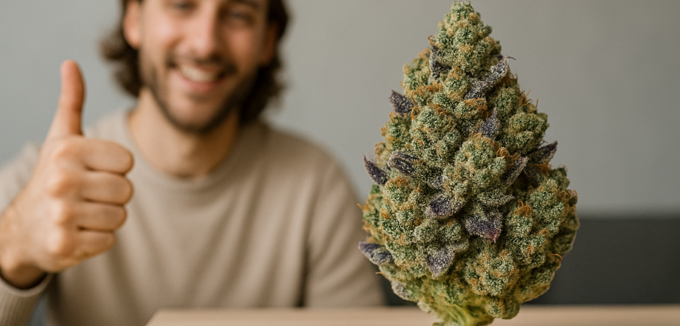 Man giving thumbs up behind a hybrid ganja bud on table, showcasing balanced effects among different types of ganja