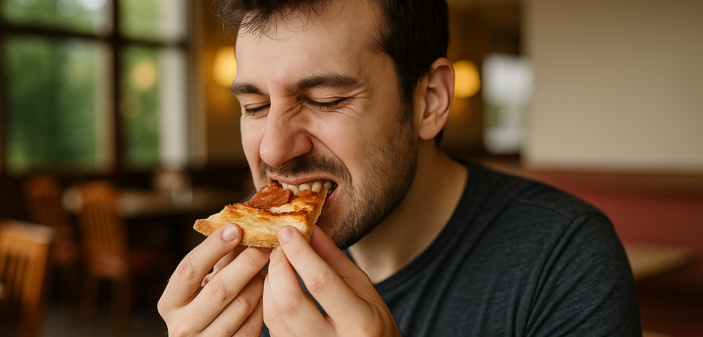 Man enjoying a slice of pizza with a satisfied expression, illustrating increased appetite often associated with cannabis use
