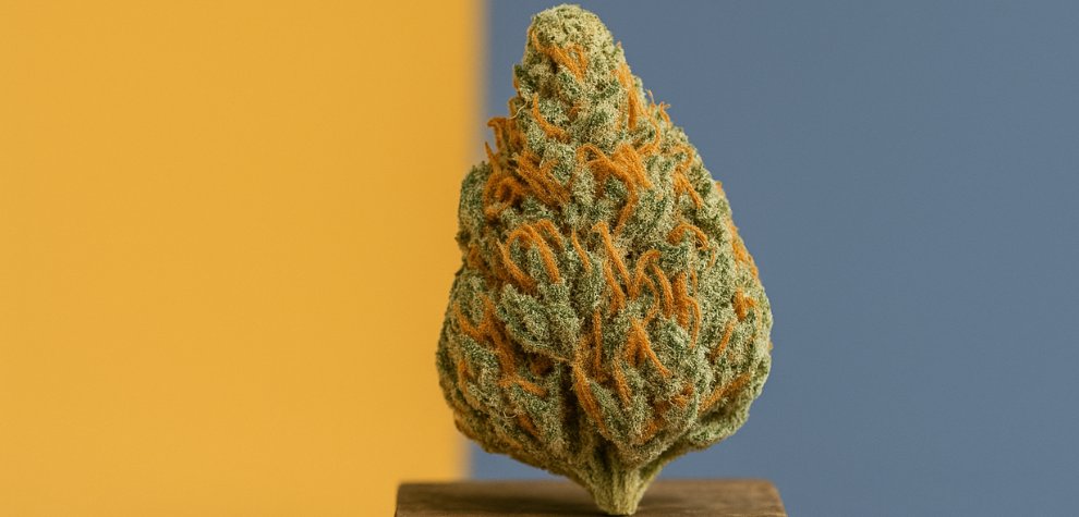 Hindu Kush weed bud with dense trichomes and orange hairs, highlighting its classic indica structure