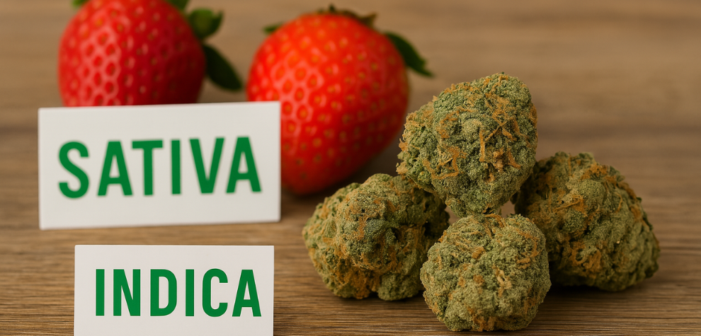 Strawberry Cough cannabis buds placed beside Sativa and Indica labels with strawberries in the background