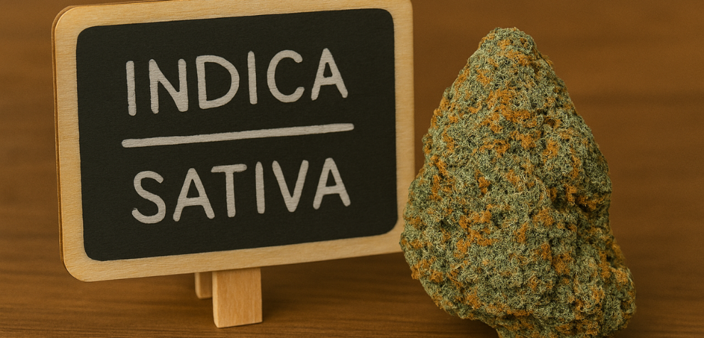 Tropicana Cookies cannabis bud next to a small chalkboard sign reading "Indica / Sativa," representing the strain’s hybrid classification