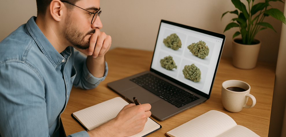 Man researching cannabis strains online with a notebook, highlighting the importance of knowing your needs when shopping online for weed