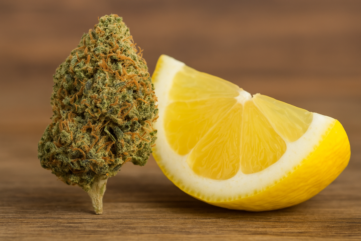 Lemon Haze strain bud next to a fresh lemon slice, highlighting its citrus aroma and uplifting effects popular in Canada