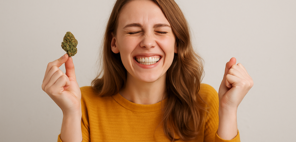 A cheerful woman holding a cannabis bud with a joyful expression, representing the uplifting effects of the Lemon Haze strain