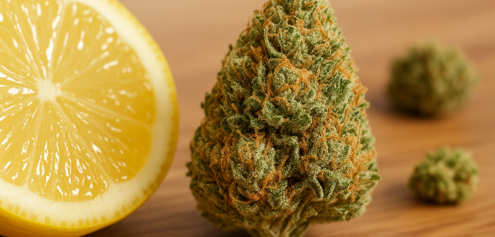 Lemon Haze cannabis bud next to a fresh lemon slice on a wooden surface, highlighting its citrus profile