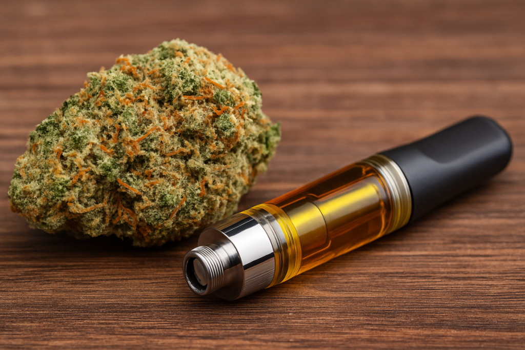 Cannabis bud and a vape cartridge filled with golden concentrate, representing live resin carts in Canada