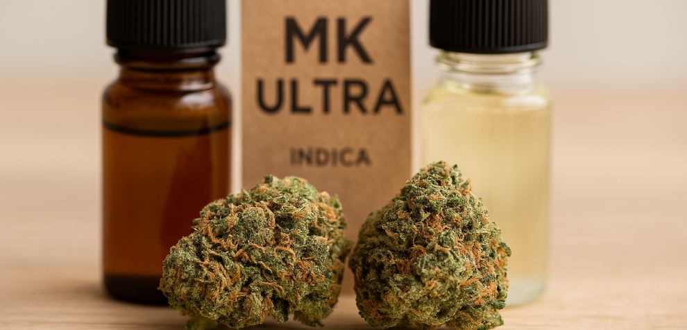 MK Ultra strain buds with tincture bottles and label, highlighting its strong Indica genetics and potent effects