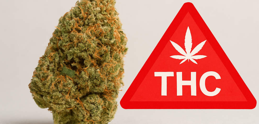 MK Ultra weed bud next to a red THC warning sign, highlighting its high tetrahydrocannabinol content