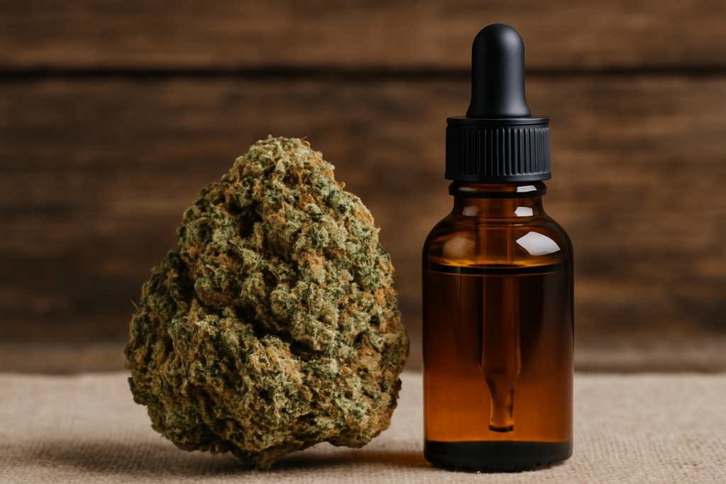 MK Ultra weed bud and oil dropper bottle on a rustic surface, showcasing this strain’s heavy, sedating effects