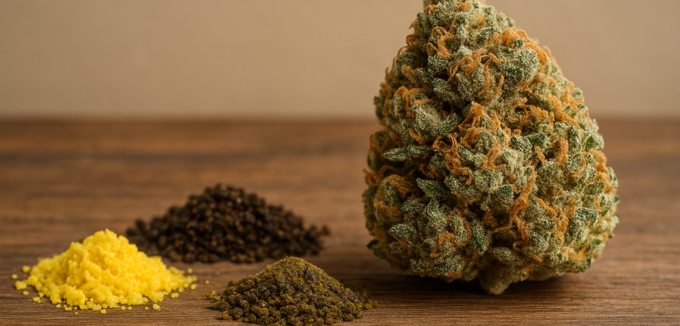 MK Ultra weed bud next to piles of colorful terpenes, showcasing its rich aroma and terpene profile