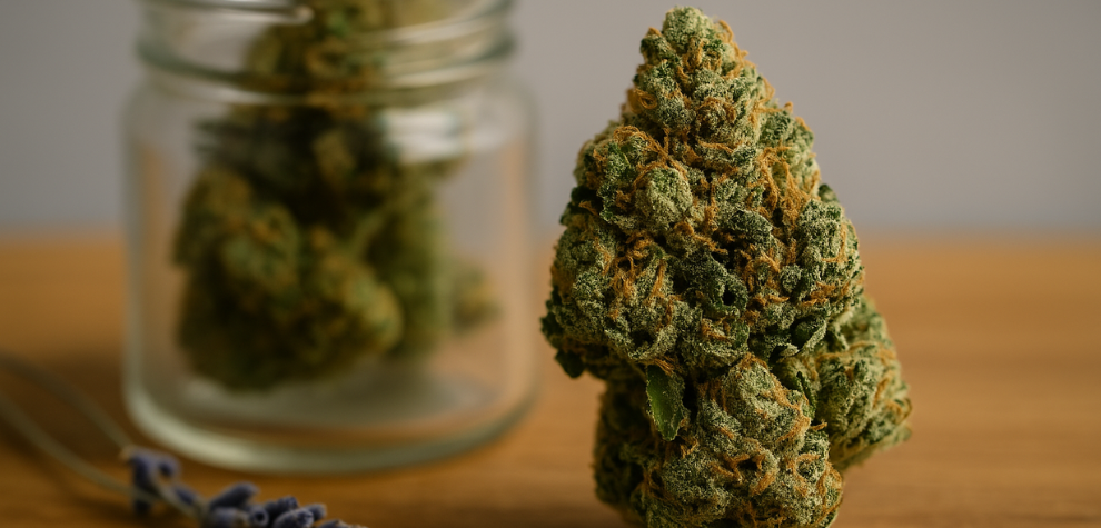 MK Ultra weed bud with dense trichomes and vibrant orange hairs, showing its distinct appearance