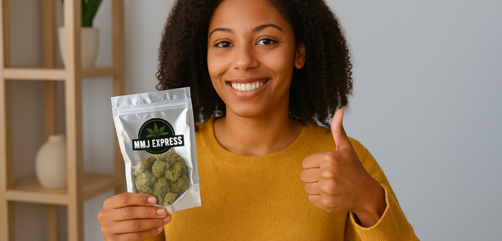 Smiling woman holding a cannabis pouch labeled “MMJ Express” and giving a thumbs up, representing a trusted and affordable discount dispensary