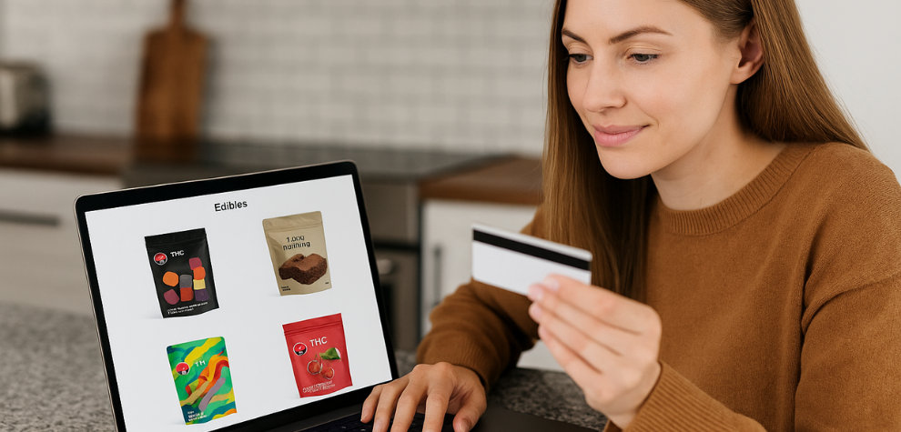 Woman holding a credit card while browsing cannabis edibles on a laptop, comparing homemade cannabutter to buying edibles online
