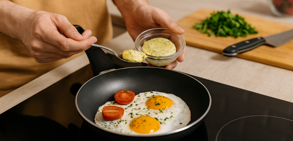 Man adds infused herb butter to eggs in a pan—perfect for creative cannabis cooking in your kitchen